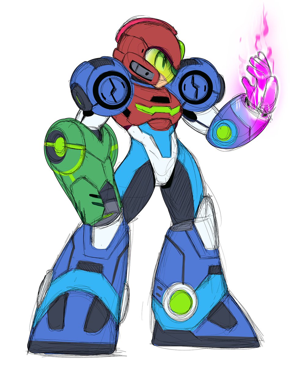 MegamanUMX's tweet photo. Here's the full design in sketch with flat colors. Perhaps I'll do the Metroid Suit as well. :) https://t.co/fZjH14xrW4
