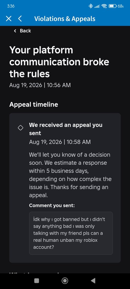 RealDoggoDrawer's tweet photo. @sentrygone I also got falsely banned by ai just bc i had to go bathroom that day and i told my friend i had to go toilet to not make them worried or smth and then i got banned falsely by ai @Roblox your ai banning innocent users and you don't care about it idk

My username is MERHABAEGEM25 https://t.co/YOvg9ziMiz