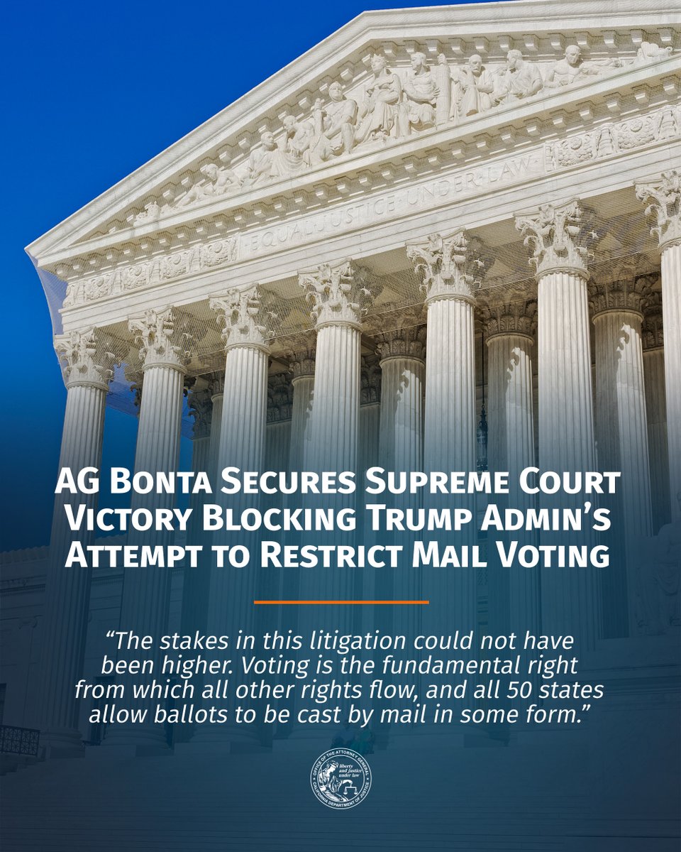 AGRobBonta's tweet photo. After losing in the district and appellate courts, the Trump Administration has now lost at the U.S. Supreme Court.

Today’s decision is a victory for our democracy and a powerful affirmation of the rule of law.

We will remain vigilant in safeguarding our elections, and we urge every eligible voter to make their voice heard.