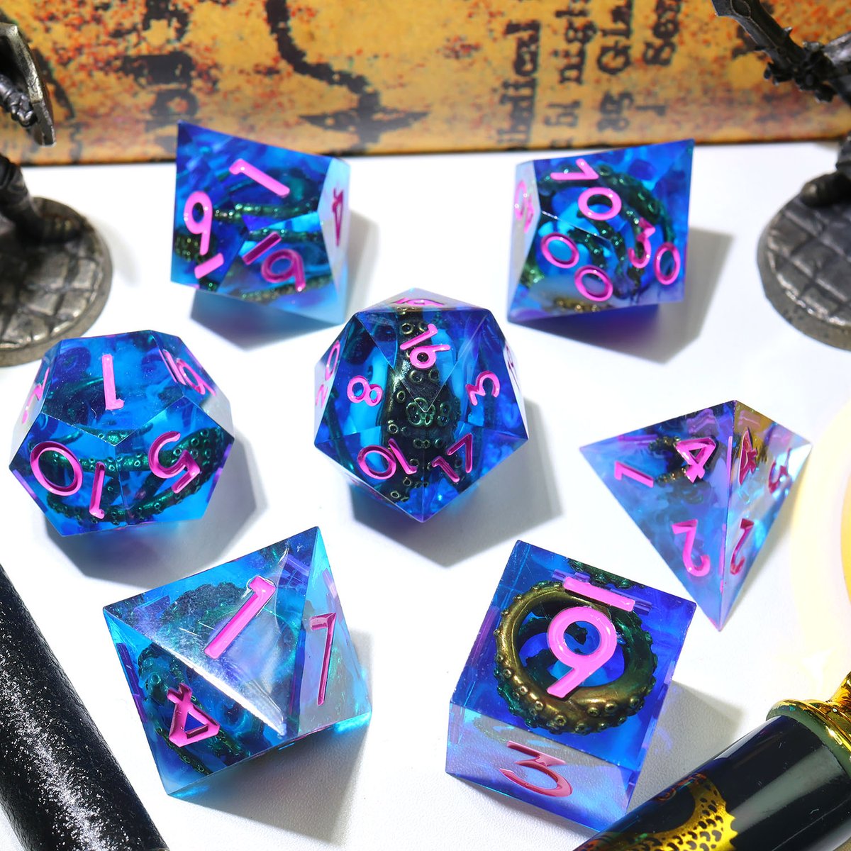 ManyM92950's tweet photo. Metallic whispers
 from the ocean depths. A roll with these is special.#DnD #DungeonsAndDragons #TTRPG #Dice #TabletopGames https://t.co/t9BgJrfPzX