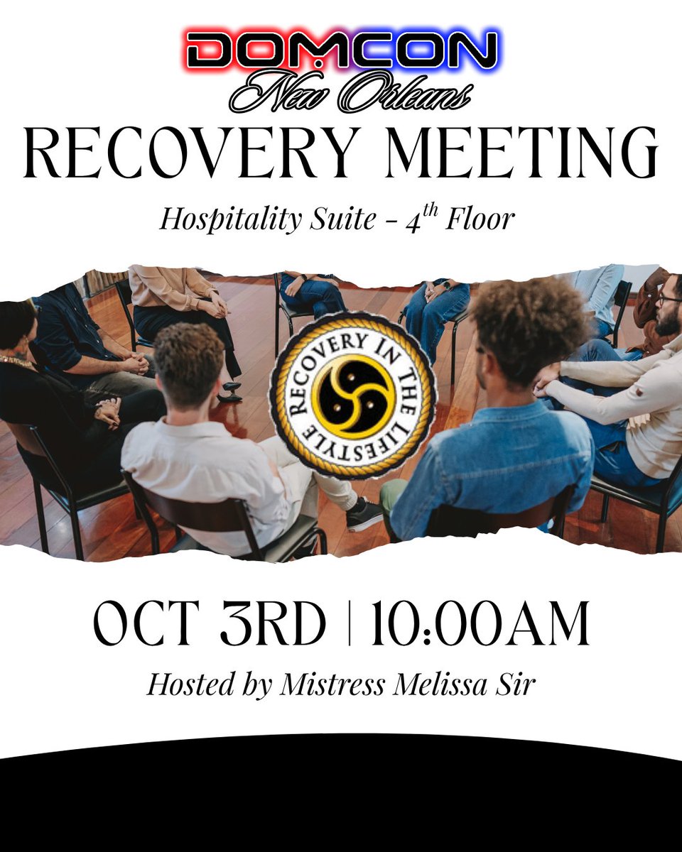 DomConLA's tweet photo. The Recovery in the Lifestyle Meeting provides a confidential and welcoming space for individuals navigating recovery while active in the kink and BDSM communities. 
We will be hosting these at 10AM on 10/03 and 10/04. Thank You to Mistress Melissa Sir for hosting. https://t.co/nVoX1bK5M2