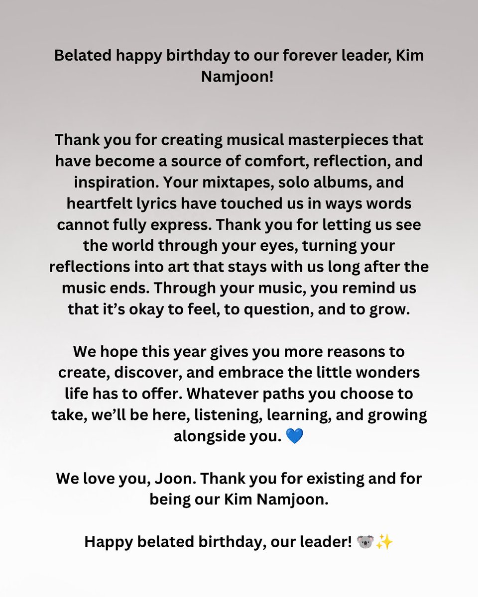 army_cavite's tweet photo. BELATED HAPPY BIRTHDAY TO OUR FOREVER BEST LEADER, NAMJOON! 💜

We’re sorry this greeting came a little late. 🥹

Adulting has been swallowing our time, but we could never let your special day pass without celebrating your existence.  

WE LOVE YOU JOONIE 🥺💙 https://t.co/s46BJsE1Bu
