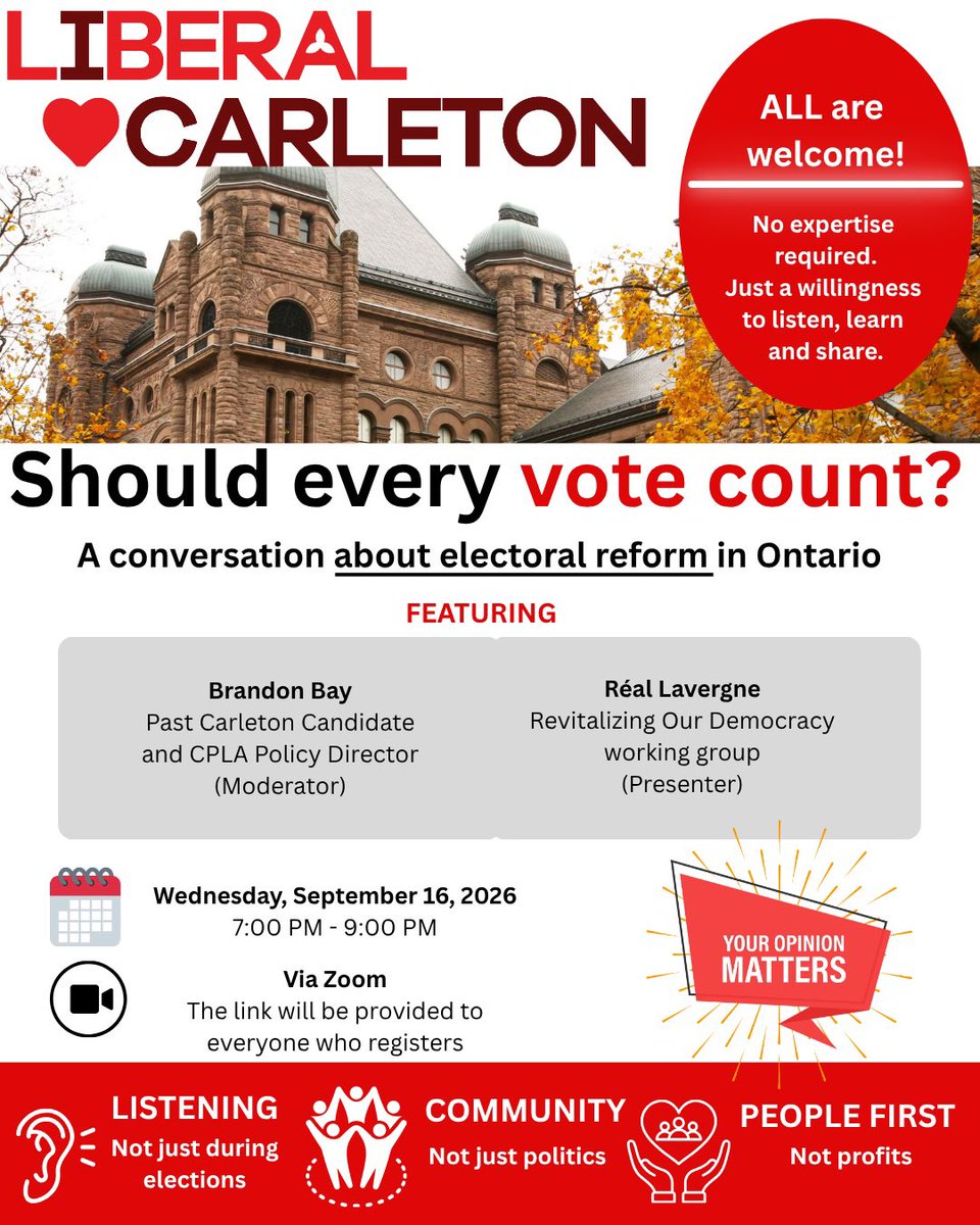 CarletonPLA's tweet photo. 🗳️ Should every vote count?

Join us Wednesday for a conversation about electoral reform in Ontario.

�� Listen. Learn. Ask questions. Share your views.
🙋 No expertise required. ALL are welcome.

🗓 Sept. 16 from 7–9 PM
💻 Zoom 
🆓 Free

👉 Register here⁠ https://t.co/cQtxOffTUR

#onpoli