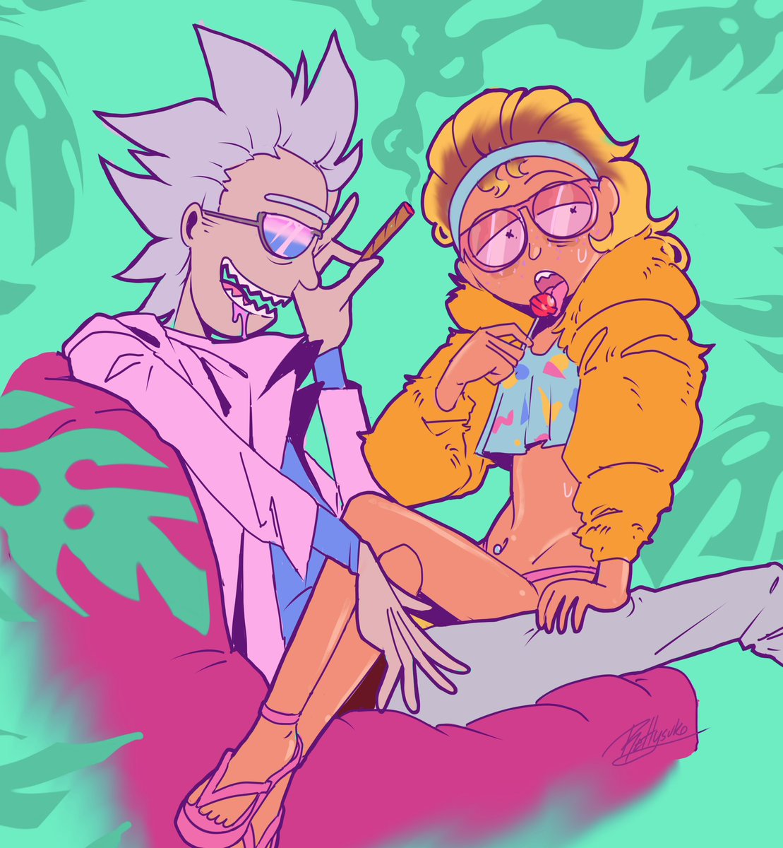 Oscitantgimp's tweet photo. I got a new drawing tablet so I scribbled up Miami Rick and Morty https://t.co/OQEtDRQaTA
