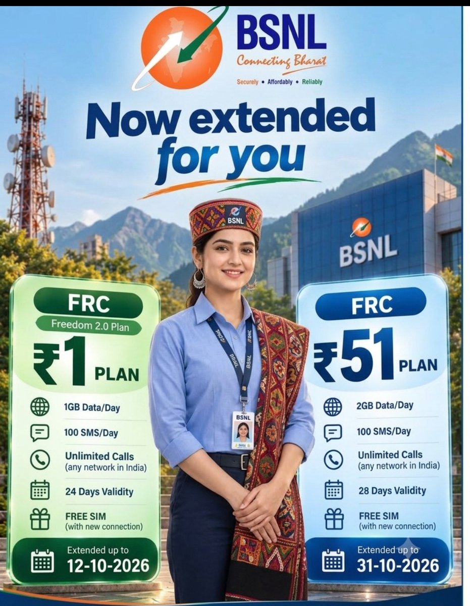 BSNL_HP's tweet photo. Enjoy more value, more data &amp; more connectivity with BSNL! 📶
🎉 Freedom 2.0 &amp; FRC ₹51 — NOW EXTENDED!
Stay connected with BSNL 4G — Reliable. Affordable. Always Connected. 🇮🇳
#BSNL #HimachalPradesh #Telecom #Freedom20 #BSNL4G #Hamara BSNL https://t.co/JckoKcTGpN