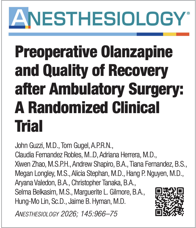 GuzziMD's tweet photo. Excited to share "Preoperative Olanzapine and Quality of Recovery after Ambulatory Surgery: A Randomized Clinical Trial" -- out now in @_Anesthesiology!

Bottom line: for high risk patients, 5 mg pre-op olanzapine + standard prophylaxis = improved quality of recovery and ↓ PDNV https://t.co/aSYNOlurJL