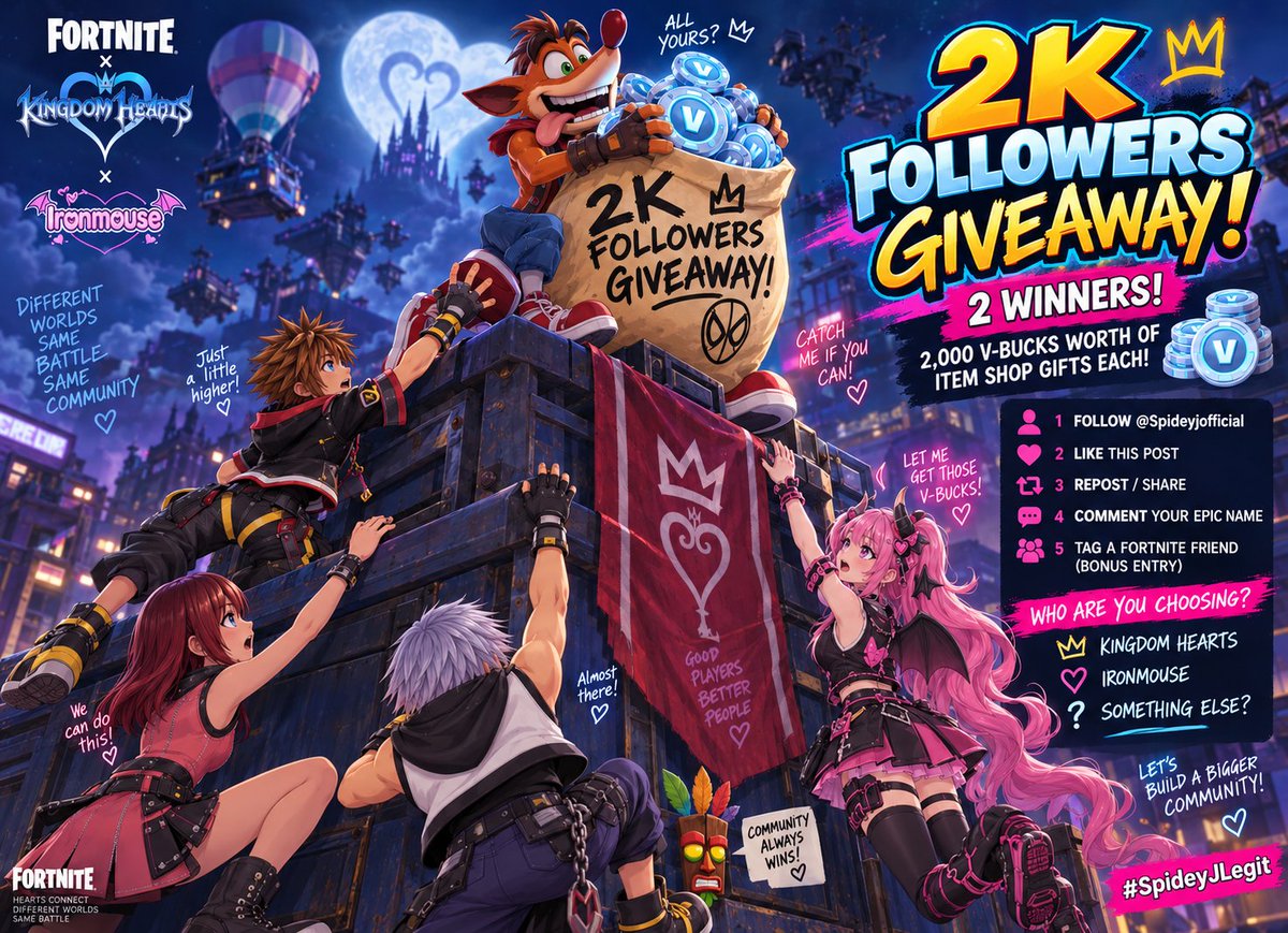 Spideyjofficial's tweet photo. 2K FOLLOWERS GIVEAWAY 👀🎁

Kingdom Hearts + Ironmouse coming to Fortnite means one thing…

Everybody’s about to be V-Bucks broke 😭💀

So when we hit 2K followers:

🎉 2 WINNERS
💰 2,000 V-Bucks worth of Item Shop gifts EACH

To enter:
Follow + Like + Repost
Comment your Epic name
Tag 1 friend for a bonus entry 👀

If you won…what are you buying first?🔑💗

#Fortnite #FortniteGiveaway #SpideyJLegit