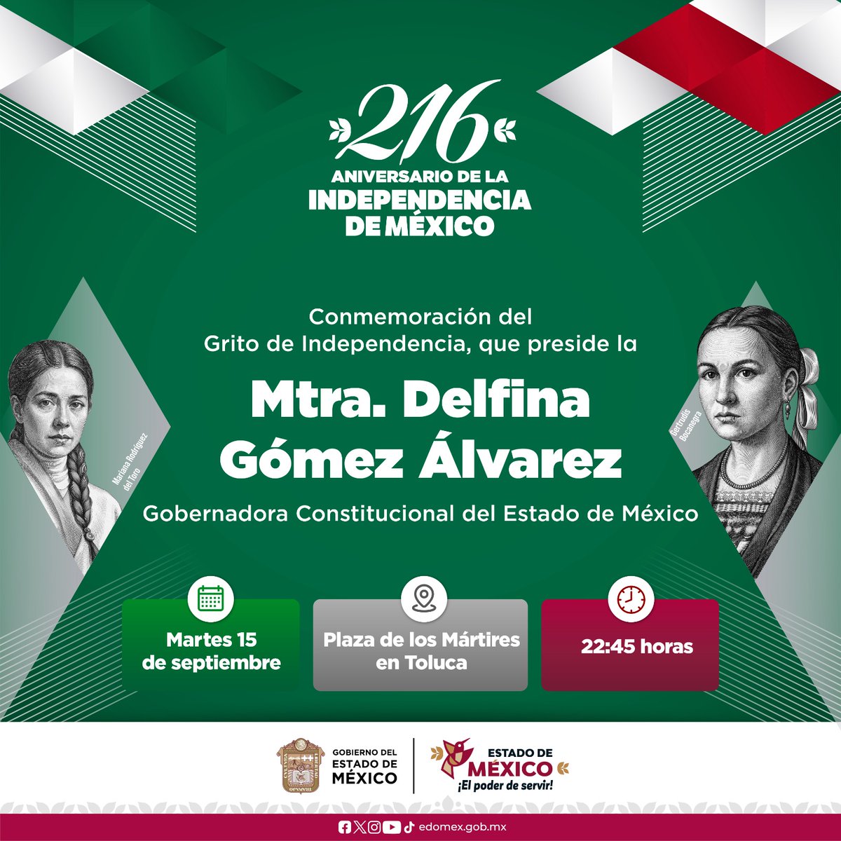 Edomex's tweet photo. ¡La Plaza de los Mártires se viste de fiesta! Celebra el Grito de Independencia de México en #EdoMéx, este 15 de septiembre. Acompaña a la Gobernadora @delfinagomeza, a partir de las 22:45 horas, a gritar ¡Viva México! 🇲🇽✨

#FiestasPatriasEdoMéx🇲🇽 #ElPoderDeServir https://t.co/cs7lyOi2AS