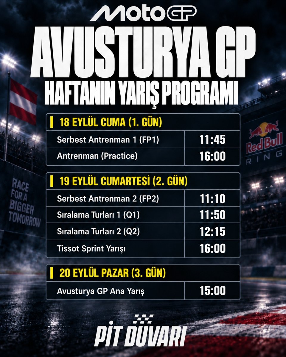 pitduvaritv's tweet photo. 🏁 MotoGP’de sıradaki durak: Avusturya GP! 🇦🇹 

18–20 Eylül tarihleri arasında Red Bull Ring’de gerçekleştirilecek yarış hafta sonunun tüm seansları görselimizde! 🔥

Cuma günü antrenmanlarla başlayacak mücadele, cumartesi Sprint Yarışı, pazar günü ise Avusturya GP Ana Yarışı ile devam edecek.

🎙️ Pit Duvarı olarak yarışlarda YouTube’da canlı yayındayız! 
📺 Cumartesi 15:50 – Sprint Yarışı Canlı Yayını 
📺 Pazar 14:50 – Ana Yarış Canlı Yayını 

Yarış boyunca Toprak Razgatlıoğlu’nun mücadelesini anbean sizlere aktaracağız. 🇹🇷🏍️ 

🔥 Yarış heyecanını birlikte yaşamak için hepinizi Pit Duvarı YouTube canlı yayınlarına bekliyoruz!  

📺 MotoGP, EuroLeague, LaLiga, NBA, Serie A, UFC ve çok daha fazlası S Sport Plus’ta! 🔥
007TOPRAK koduyla yıllık üyelik sadece 2.399 TL!  
👉https://t.co/HOGYMXrEEL

#reklam #ssportplus #MotoGP #ToprakRazgatlıoğlu #PitDuvarı