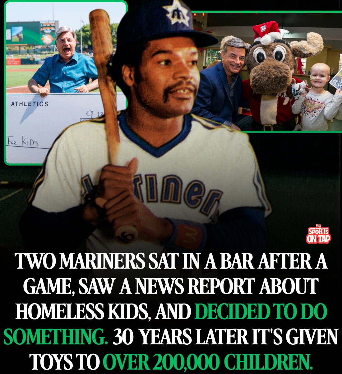 thesportsontap's tweet photo. One night in 1995, Mariners broadcaster Rick Rizzs and former Mariners outfielder Dave Henderson were sitting in a bar in Pioneer Square after a game, having a beer.

A news report came on the TV about homeless people in Seattle. The two of them started talking, and one thought stuck. How many of those people had kids who wouldn't be getting anything for Christmas?

So they decided to do something about it. That night.

They passed the hat among Mariners players, guys like Edgar Martinez, Jay Buhner, Dan Wilson, and John Olerud, and raised $18,000. They bought about 500 toys and delivered them to homeless and women's shelters around the city.

They called it Toys for Kids.

It did not stay small.

Thirty years later, that idea born in a bar has raised well over a million dollars, bought brand-new toys for more than 200,000 children across Washington State, and thrown dozens of holiday parties for kids in shelters, hospitals, and impossible situations. Some years the fundraiser alone brings in more than half a million dollars.

Rizzs plays Santa himself. Not a symbolic Santa. He shows up, hands out the gifts, and looks the kids in the eye.

"It's not just a toy," he said. "To me, it represents hope that somebody cares about them and their moms."

Then came the hard part.

In December 2015, two days after Christmas, Dave Henderson died of a heart attack. He was 57. Rizzs lost his broadcast partner, his charity partner, and one of his closest friends all at once.

"I miss him like crazy," Rizzs said.

He could have let it fade. Instead, he kept it going, bigger every year, and made sure Henderson's name stayed on it. There's now a Dave Henderson Scholarship attached to the charity, handing college money to kids who write about what education means to them.

Henderson was the kind of guy who, on one of those holiday visits, met a woman working at a shelter, noticed her car was falling apart, and quietly bought her a new one.

"Who does that?" Rizzs said. "Dave Henderson does that."

Two friends, a beer, and a news report. Three decades later, hundreds of thousands of Seattle kids have woken up to a present because of it.