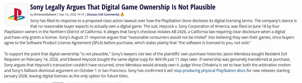 BladeoftheS's tweet photo. Sony is arguing in court that when you purchase one of their games you don't own anything and legally they can cutoff your access at any point.

There's one solution to this.

Don't buy anything from Sony, because according to them you aren't anyway. https://t.co/j6EZuzB3e2