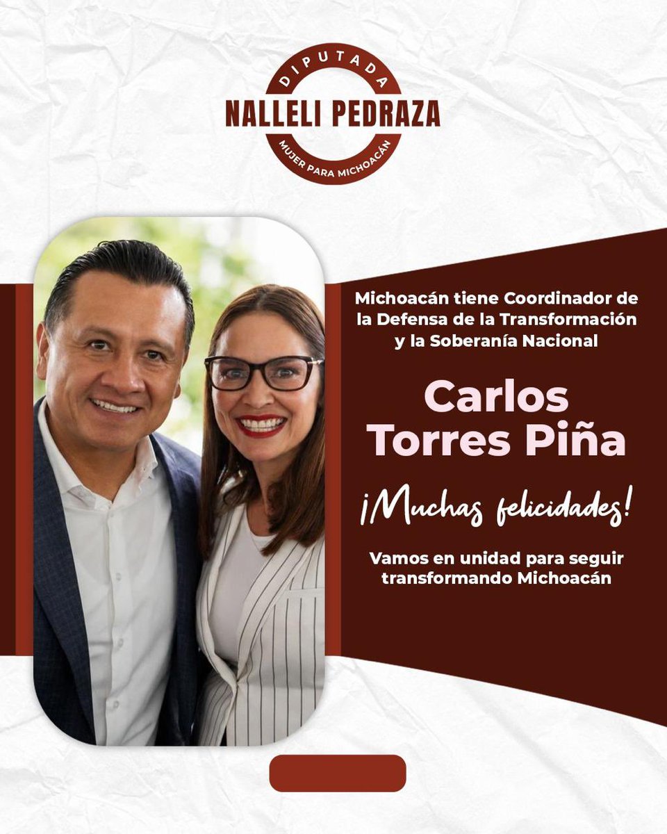 nallelipedrazah's tweet photo. ¡Muchas felicidades amigo @CarlosTorres4T ! 👏🏼
Celebro tu elección como Coordinador de la Defensa de la Transformación y la Soberanía Nacional en Michoacán. 🤝🏼🇲🇽

Reconozco tu trayectoria, liderazgo y compromiso con nuestro estado.

#MujerParaMichoacán♥️ https://t.co/N6Bf7z9dwp