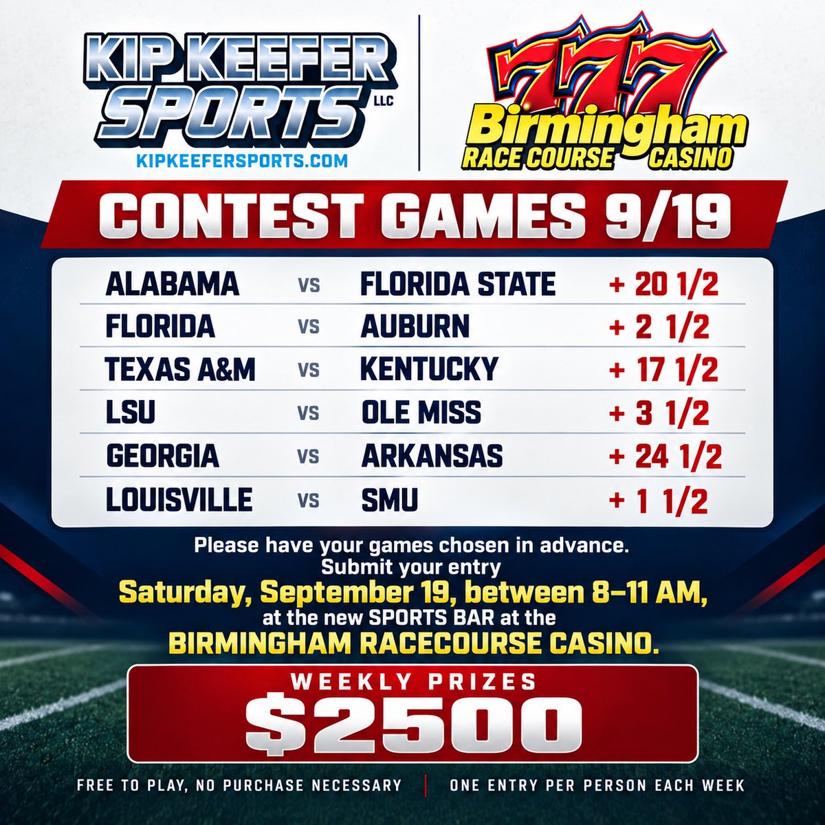 kipkeefersports's tweet photo. Get your entries in on Saturday between 8-11 a.m. at the @bhamrcc for your chance to win a share of $2500 worth of prizes! #KipKeeferSports #BRCC #CFB #CollegeFootball #NCAAFB #ParlayContest https://t.co/Bkoi090VDa