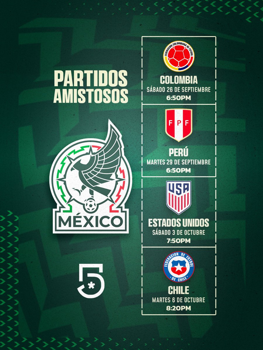 TUDNMEX's tweet photo. 🇲🇽✨ ¡COMIENZA UNA NUEVA ILUSIÓN!

México vuelve a la cancha para medirse ante Estados Unidos 🇺🇸, Colombia 🇨🇴, Perú 🇵🇪 y Chile 🇨🇱 🔥⚽️

Cuatro pruebas, nuevas emociones y el mismo sueño 💚

Vívelos por @MiCanal5 📺 https://t.co/XCM2d4Z3vN