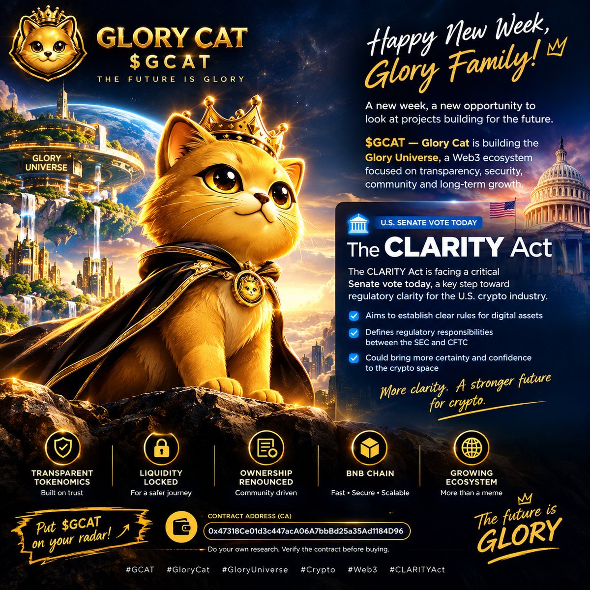 mbavictory300's tweet photo. $GCAT is one to watch. 🐱🔥
The Glory Universe is building toward a bigger Web3 vision, while the crypto industry awaits a major regulatory moment as the CLARITY Act faces a critical Senate vote today. 🇺🇸📜 
@GloryCatCoin

#GCAT #GloryCat #Web3 #CLARITYAct https://t.co/FQzjdt1VIh