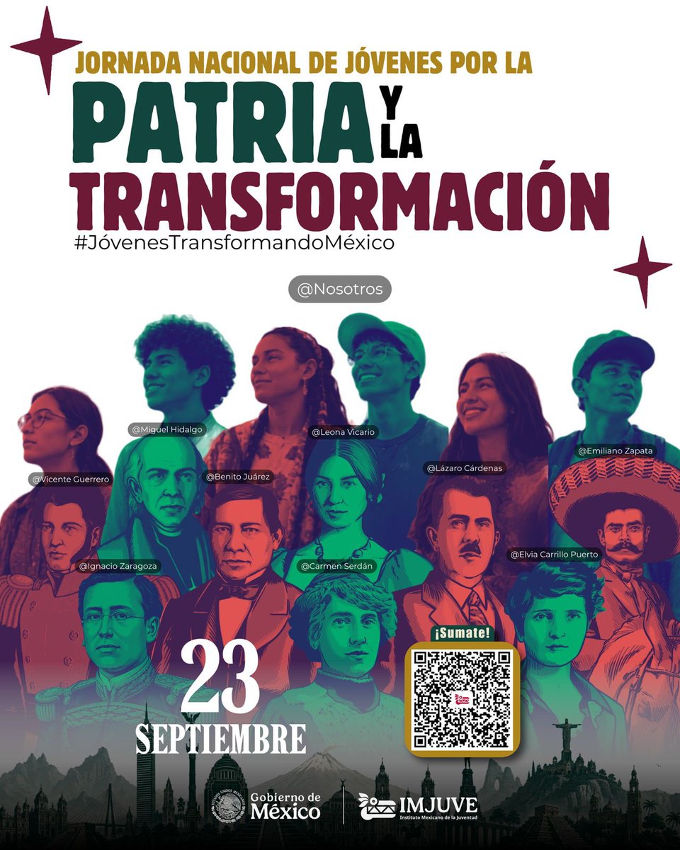 imjuvemx's tweet photo. 🇲🇽 La patria transforma.

Este 23 de septiembre, las y los jóvenes nos encontramos para seguir transformando a México.

📲 Escanea el QR y súmate.
📍 Próximamente publicaremos los lugares donde podrás participar.

¡Nos vemos este 23! ❤️‍🔥

#JóvenesTransformandoMéxico https://t.co/Himd0lFXxg