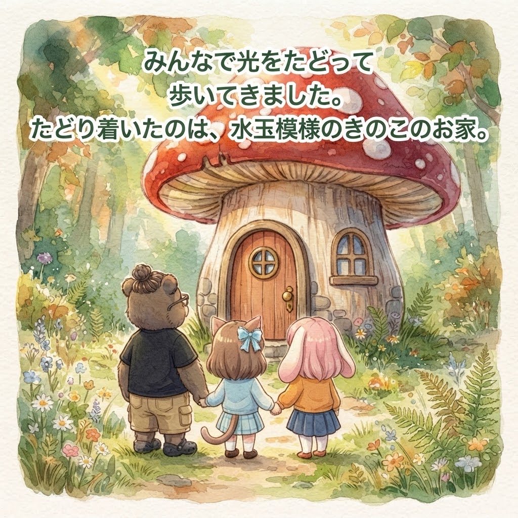 ichigo5AI_creat's tweet photo. みどりの風が吹く森の中で見つけた、水玉模様の小さなおうち🍄✨

仲良し3人組が、森の妖精たちと出会う、ちょっぴりファンタジーなお話です。

続きはInstagramで！
https://t.co/cw8ZhS1ldI

#創作絵本 #AI創作イラスト https://t.co/eIVQYtCd63