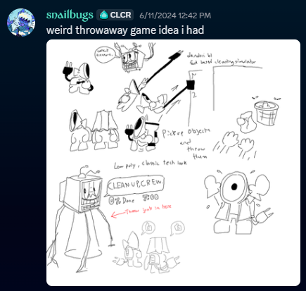 dylfinedas's tweet photo. FUN FACT: Clean Crew started out as a little throw away idea back in 2024, when @casiopaper and I were getting tired of continuous and unrewarding development work on Super Scuffle, our previous game. Nothing came of this idea yet though. (1/4) https://t.co/fMCpEr6PhL