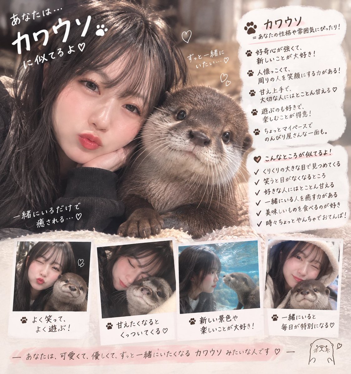 saaaa_yu29's tweet photo. アニマルズ診断やってみたぁ꒰◍ᐡᐤᐡ◍꒱
私は【カワウソ】🦦︎💕︎

 #アニマルズ診断 https://t.co/D4VjeFuxa5