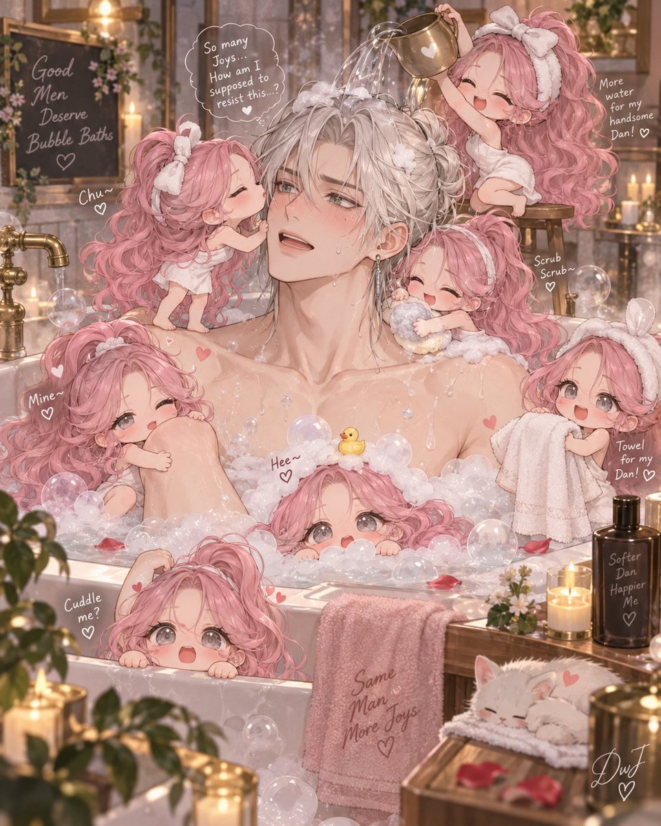 JoywDan's tweet photo. 洗澡进度：10%　
被老婆骚扰进度：100%

prompt-GPT：

Create a cute, funny bathroom illustration featuring one adult man, A, and several tiny chibi versions of one adult woman, B.

SCENE:
A is sitting comfortably in a large bathtub filled with warm water and fluffy bubbles.

Only his upper body, shoulders, arms, and part of his chest are visible above the bubbles.
His lower body remains completely hidden beneath the bathwater and foam.

Several tiny chibi versions of B are gathered around him, each doing something different in a playful and affectionate way.

A looks as though he has completely given up trying to stop the chaos.

MOOD:
funny,
adorable,
romantic,
domestic,
chaotic but sweet,
like a couple’s private comedy scene.

STYLE:
polished Japanese anime × Korean manhwa,
cute chibi comedy.

IMPORTANT:
Keep the scene cute and comedic.
No explicit nudity.
No visible intimate anatomy.
The lower body must remain hidden beneath the bathwater and bubbles.
All characters must be clearly adults.
Natural hands.
No extra limbs.
No malformed anatomy.