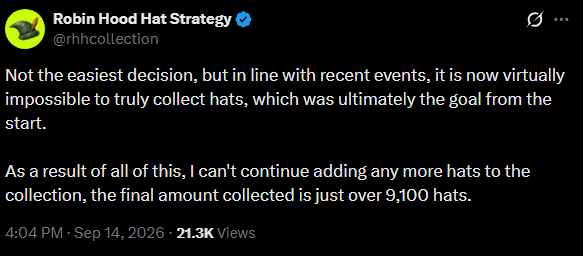 RHHstrategy's tweet photo. The fake evil Robinhood is out, used and destroyed by the Government of Jagax. Now a smooth sale continues for the Robinhood Strategy to collect their hats!

Hats on never off https://t.co/OurBTXokc3