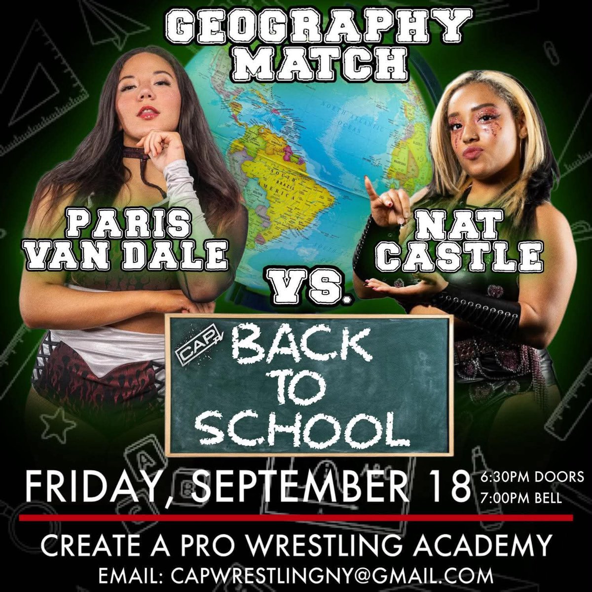 CreateAPro's tweet photo. 🌎MATCH ANNOUNCEMENT🌎

Paris Van Dale takes on former CAP Women’s champion, Nat Castle… in a GEOGRAPHY MATCH!

Email CAPWRESTLINGNY@gmail.com to RESERVE YOUR SPOT! https://t.co/uQViXNzMPJ