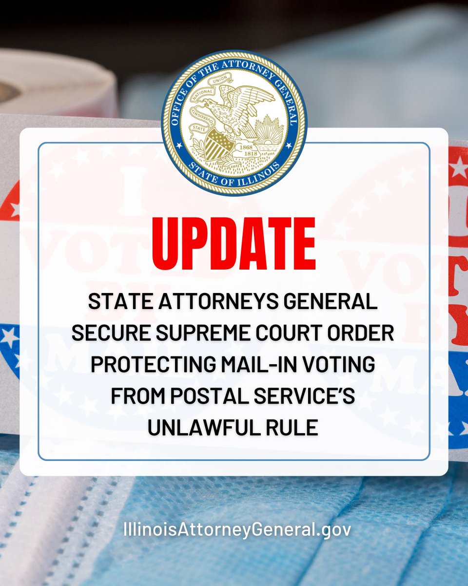ILAttyGeneral's tweet photo. The court’s decision is a victory for voters, for democracy and for the rule of law in this country. I am pleased that the Supreme Court affirmed the lower courts’ decisions to stop this un-American rule from taking effect and creating chaos before the midterms. https://t.co/VOh4SUae5W