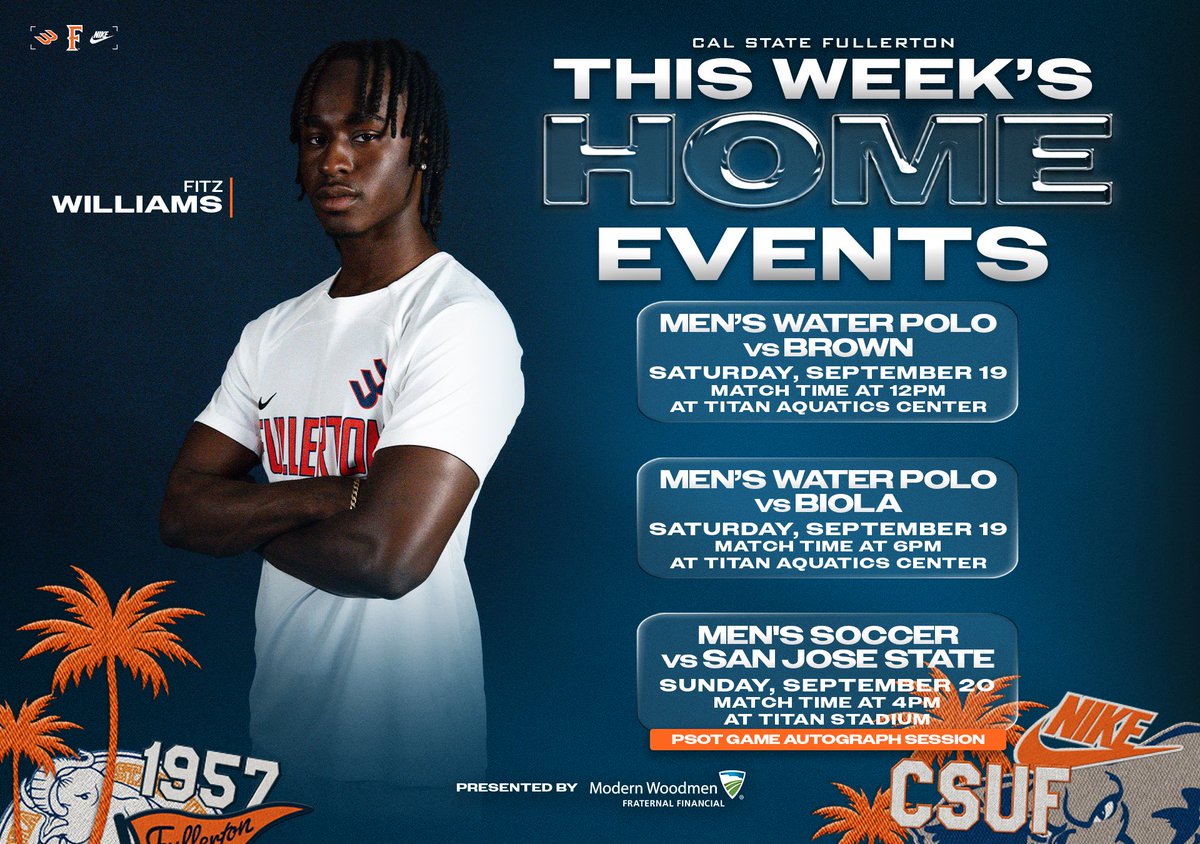 FullertonTitans's tweet photo. This week’s home events! ⚽️🤽‍♂️

Stick around after Men’s Soccer Sundays match for post game autograph session. ✍🏽

𝙋𝙧𝙚𝙨𝙚𝙣𝙩𝙚𝙙 𝙗𝙮 𝙈𝙤𝙙𝙚𝙧𝙣 𝙒𝙤𝙤𝙙𝙢𝙚𝙣

#TusksUp https://t.co/ZrLJG1FU1a