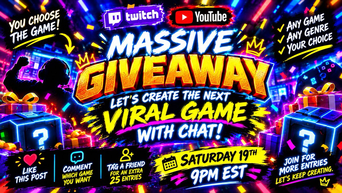 ETechWiz's tweet photo. 🎮 MASSIVE GAME GIVEAWAY! 🎁

We’re not just playing games… 

We're HOSTING A GAME SHOW! 🎰

🏆 Want a chance to WIN a game of YOUR choice?

❤️ Like this post &amp; repost
💬 Comment the game you want
👥 Tag a friend = +25 ENTRIES!
📅 SATURDAY 19TH — 9PM EST https://t.co/eeH6OA69fZ