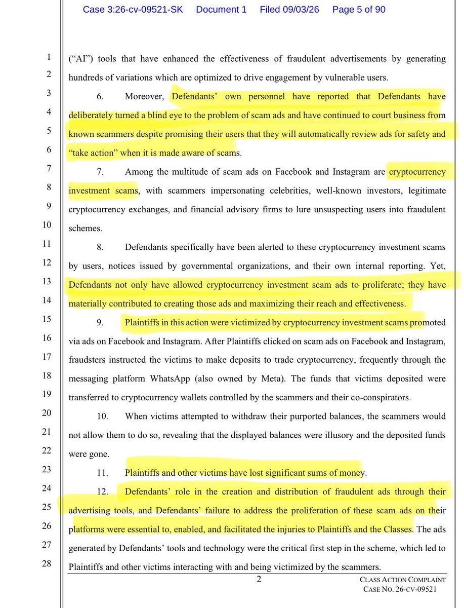 GivnerAriel's tweet photo. ICYMI: Meta and Instagram are being sued in a class action over crypto scam ads.

The complaint says Meta’s tools wrote the scam ads, aimed them, and that Meta booked the revenue.

Here’s what’s going on:

Plaintiffs are Facebook/Instagram users who clicked crypto-investment ads, got moved to WhatsApp, deposited into fake trading platforms, and could not withdraw.

The complaint’s theory is product, not moderation. Meta’s ad stack allegedly creates and optimizes the creative (including generative AI variants), targets users who look interested in crypto/investing, and runs those ads through an auction that can still clear if the scammer bids enough. 

The first click is pleaded as Meta’s doing. The rest of the pig-butcher (fake balances, “unlock” fees, wallets the victim never controls) is what happens after.

The internal numbers are the spine of the case. Plaintiffs cite reporting and alleged Meta docs that the company shows ~15 billion scam ads a day, books ~$7 billion a year in “violating revenue,” and internally estimated it was in one-third of successful U.S. internet scams. 

They say Meta weighed ~$1 billion in possible fines against $3.5 billion every six months from scam ads and kept the ads; stood down a China-fraud team after it erased more than $1 billion in revenue; and skipped free universal advertiser verification because it would cannibalize a paid “Verified for Business”

Relief sought: injunction, restitution, damages, fees, jury.

This is written as a “you built the ad, you targeted the victim, you kept the spend” case so it is not just a Section 230 hosting fight. That motion IMO is still coming on day one.