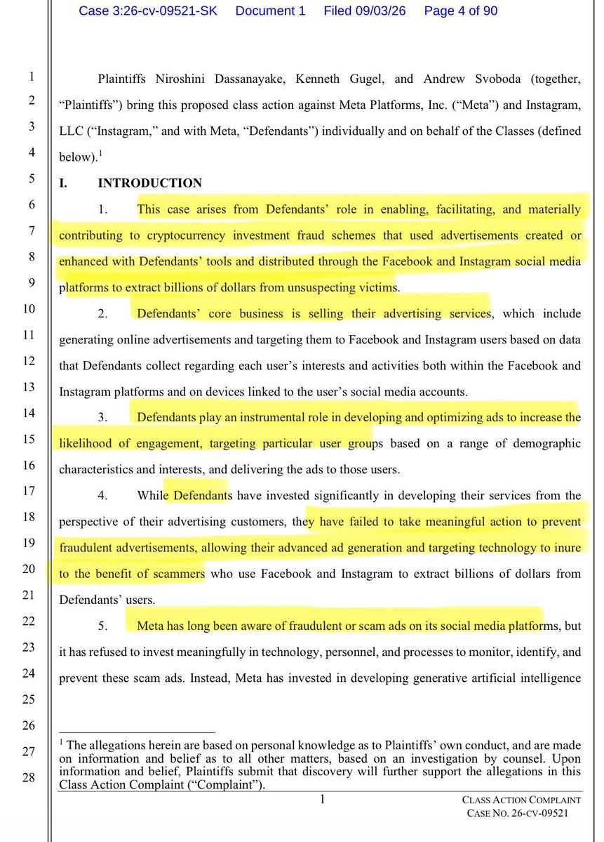 GivnerAriel's tweet photo. ICYMI: Meta and Instagram are being sued in a class action over crypto scam ads.

The complaint says Meta’s tools wrote the scam ads, aimed them, and that Meta booked the revenue.

Here’s what’s going on:

Plaintiffs are Facebook/Instagram users who clicked crypto-investment ads, got moved to WhatsApp, deposited into fake trading platforms, and could not withdraw.

The complaint’s theory is product, not moderation. Meta’s ad stack allegedly creates and optimizes the creative (including generative AI variants), targets users who look interested in crypto/investing, and runs those ads through an auction that can still clear if the scammer bids enough. 

The first click is pleaded as Meta’s doing. The rest of the pig-butcher (fake balances, “unlock” fees, wallets the victim never controls) is what happens after.

The internal numbers are the spine of the case. Plaintiffs cite reporting and alleged Meta docs that the company shows ~15 billion scam ads a day, books ~$7 billion a year in “violating revenue,” and internally estimated it was in one-third of successful U.S. internet scams. 

They say Meta weighed ~$1 billion in possible fines against $3.5 billion every six months from scam ads and kept the ads; stood down a China-fraud team after it erased more than $1 billion in revenue; and skipped free universal advertiser verification because it would cannibalize a paid “Verified for Business”

Relief sought: injunction, restitution, damages, fees, jury.

This is written as a “you built the ad, you targeted the victim, you kept the spend” case so it is not just a Section 230 hosting fight. That motion IMO is still coming on day one.
