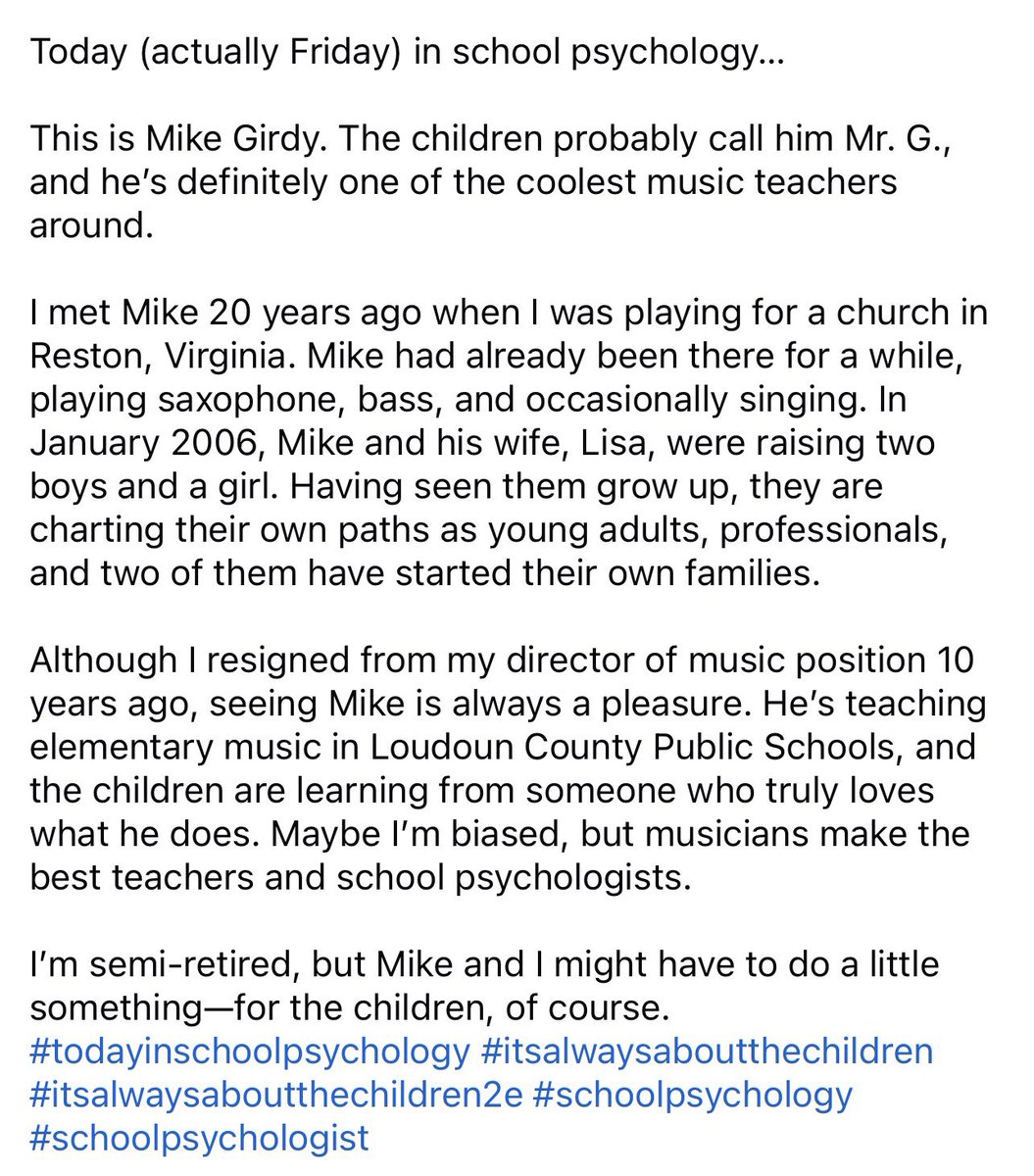 _charlesbarrett's tweet photo. Maybe I’m biased, but musicians make the best teachers and school psychologists.

I’m semi-retired, but Mike and I might have to do a little something—for the children, of course. #todayinschoolpsychology #itsalwaysaboutthechildren #itsalwaysaboutthechildren2e #schoolpsychology https://t.co/LRVmbUPknO