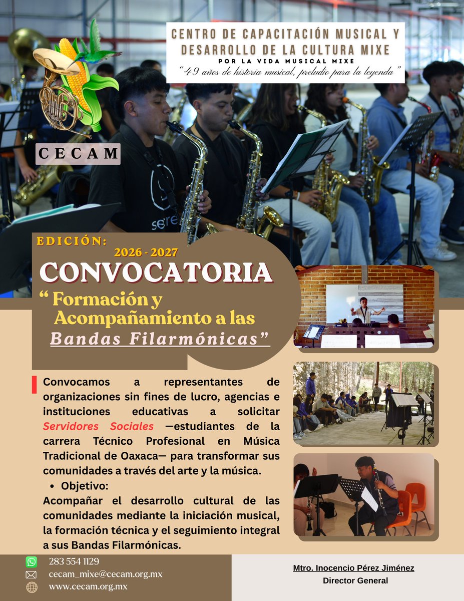 CECAMMIXE's tweet photo. AVISO a toda organización sin fines de lucro, agencia municipal, municipio o institución educativa que busca fomentar el arte y la cultura en su comunidad.
! ¡Participa en nuestra convocatoria de Formación y Acompañamiento de Bandas Filarmónicas 2026 - 2027!
#CECAM https://t.co/jRk4Lltv5n