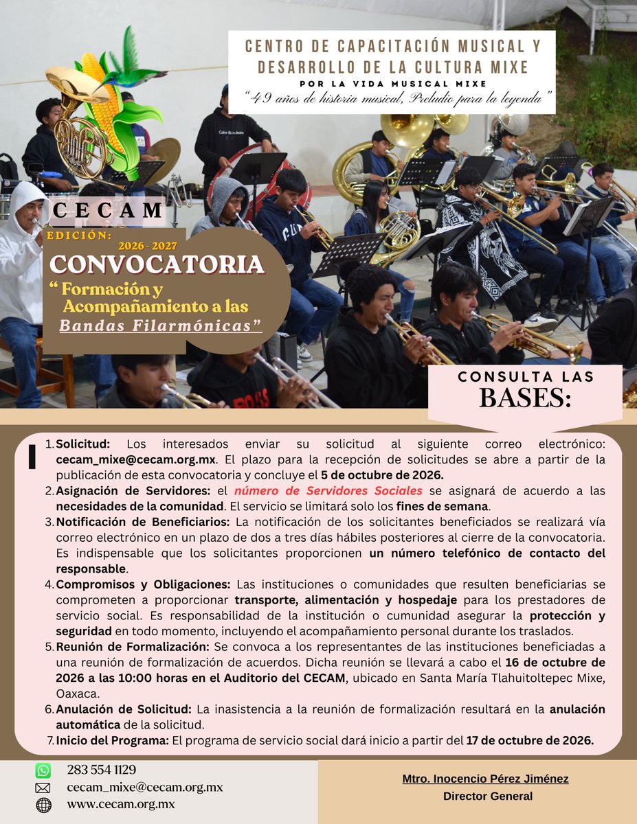 CECAMMIXE's tweet photo. AVISO a toda organización sin fines de lucro, agencia municipal, municipio o institución educativa que busca fomentar el arte y la cultura en su comunidad.
! ¡Participa en nuestra convocatoria de Formación y Acompañamiento de Bandas Filarmónicas 2026 - 2027!
#CECAM https://t.co/jRk4Lltv5n