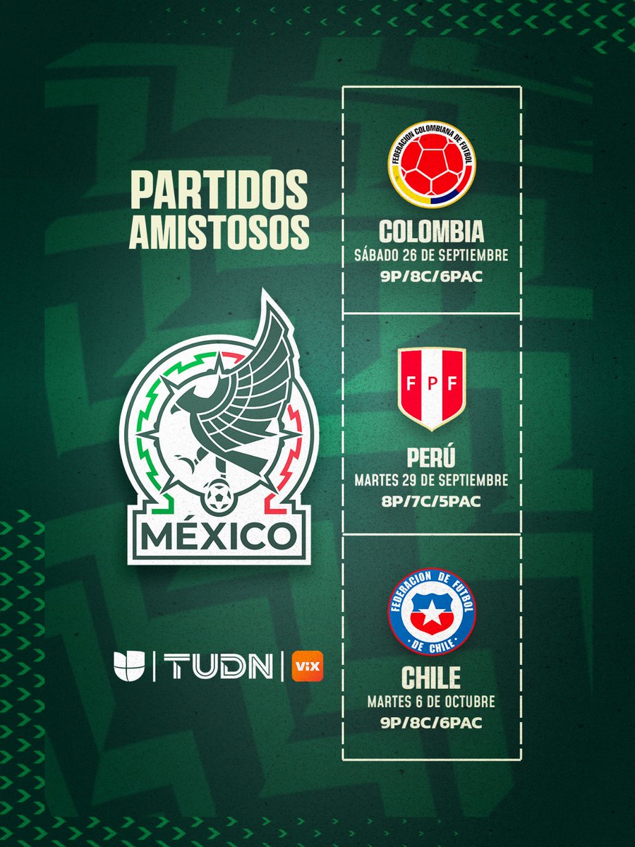 TUDNUSA's tweet photo. ✅🇲🇽🥳Este mes inicia con nuevas ilusiones en @miseleccionmx

👊❤️Nueva era, nuevos jugadores, la misma pasión… Nos vemos contra  🇨🇴🇵🇪🇨🇱

Vívelos por @Univision, TUDN y @VIX 📲 https://t.co/nRppWE4J4J https://t.co/9CZrGgdmim