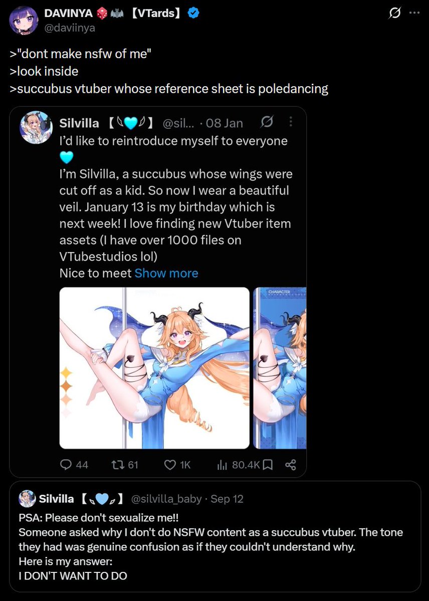 Kaizen_3D's tweet photo. Damned if you do, damned if you don’t. She said she doesn’t want to make NSFW content. People rewrote that as "don’t make NSFW of me," then dunked on her for being a succubus. 

Other VTubers actually make NSFW or racy content, and the same crowd calls them whores. Refuse it and you’re a hypocrite. Lean into it and you’re a whore. It was never about consistency.

If you’re a VTuber/streamer, do what you actually want to do and ignore the haters. That crowd was never going to be your audience anyway.