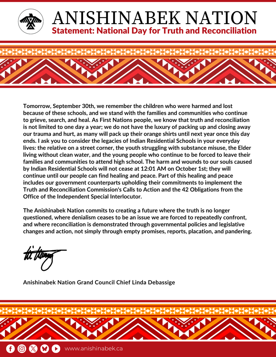 AnishNation's tweet photo. A statement from Anishinabek Nation Grand Council Chief @LindaDebassige on National Day for Truth and Reconciliation: https://t.co/I29tWoKlrg