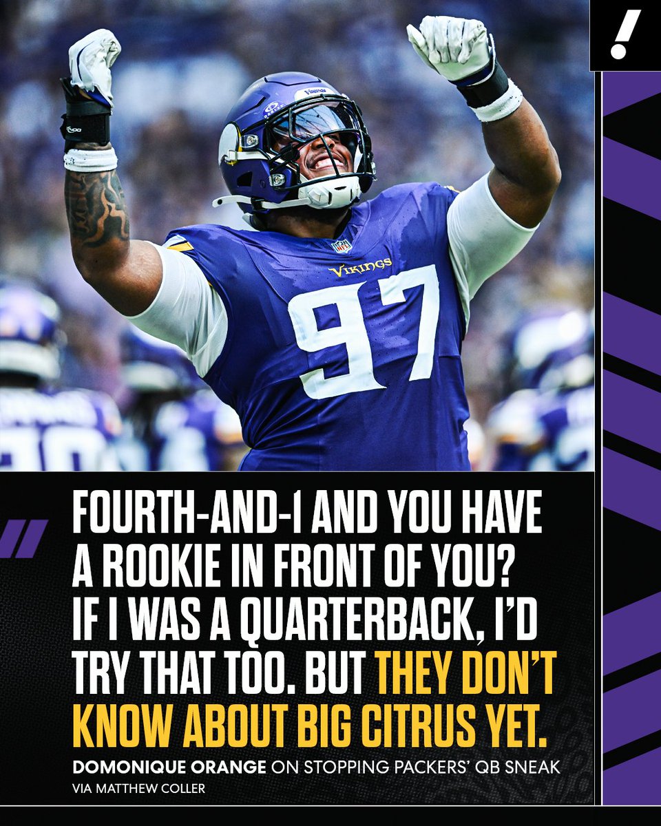 YahooSports's tweet photo. Vikings rookie DL Domonique Orange was feeling himself after stopping Jordan Love's QB sneak attempt in the fourth quarter 🍊 https://t.co/Pc3k7IdovV