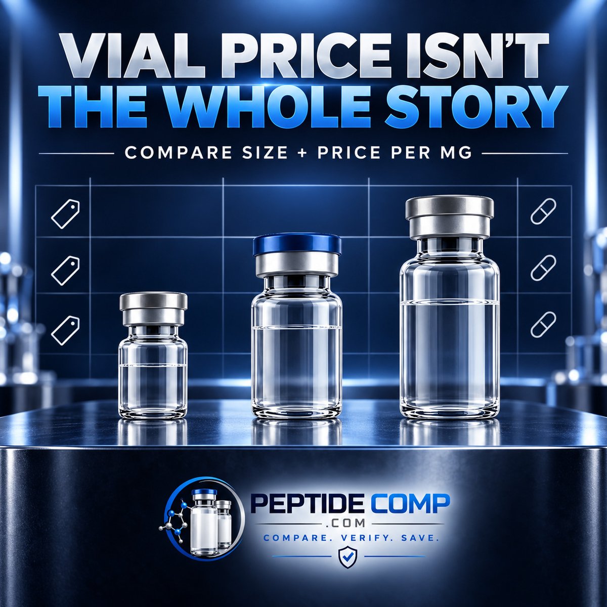 PeptideComp's tweet photo. The lowest vial price is not automatically the lowest comparative cost. Check vial strength, price per mg, discounts, shipping and current stock together. https://t.co/nTe8JOcnse #PricePerMg #CompareVerifySave https://t.co/urPdS7NKSD