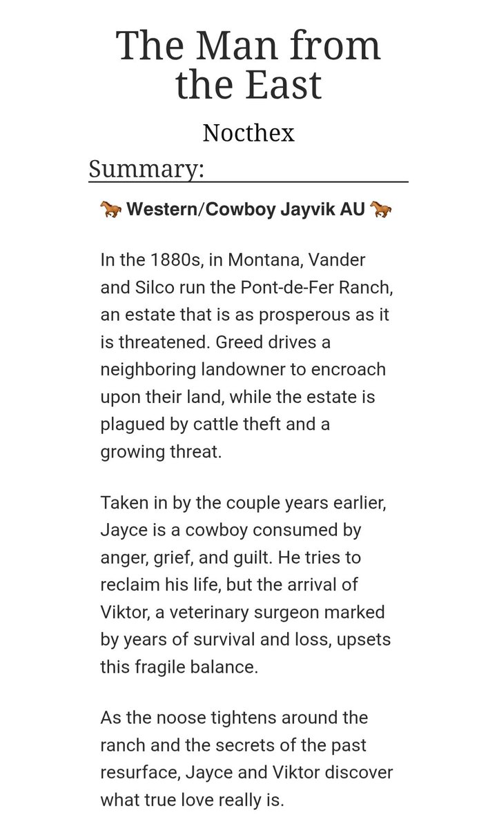nocthexao3's tweet photo. A Jayvik Western/Cowboy AU

🐎 The Man from the East
🏜 Ongoing, 20 chapters
🤠 Cowboy Jayce x Healer Viktor
🫦 Explicit, slowburn

You can read it here : https://t.co/sbjzP036Ra… https://t.co/gsC44s5b14