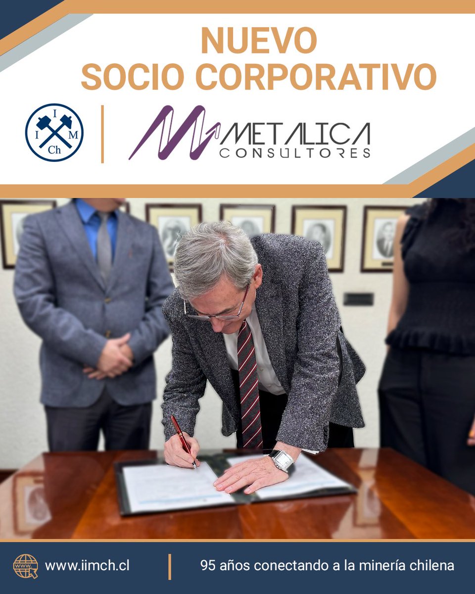 IIMCh's tweet photo. 🤝 Metálica Consultores se incorpora como nuevo Socio Corporativo del IIMCh. La alianza fortalecerá la colaboración y el intercambio de conocimientos para contribuir al desarrollo de la minería.

https://t.co/SdaORifYOv

#IIMCh #Minería https://t.co/UN0pyNEXc2