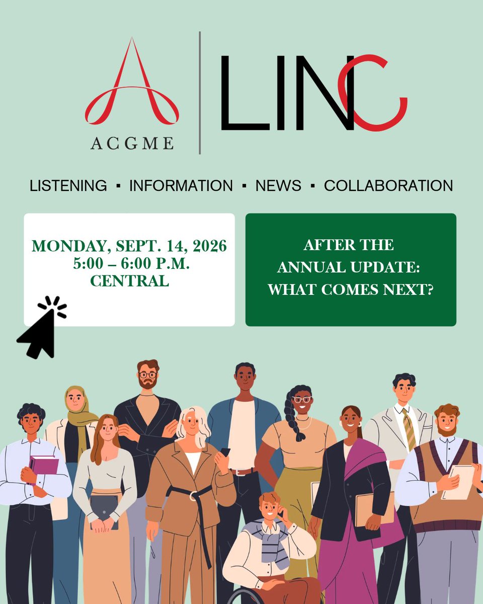 Group of professionals standing below ACGME LINC logo with event details for Sept 14, 2026, 5-6 PM Central.