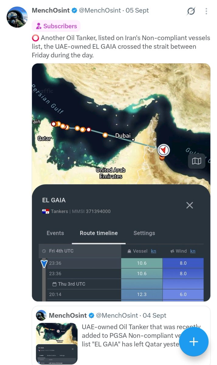 MenchOsint's tweet photo. Blatant lie from CENTCOM.

🚫 CLAIM: "The oil Tanker EL GAIA was hit by Iran last month and rendered inoperable."

✅️ FACT: We tracked EL GAIA 9 days ago, transiting the strait via the southern corridor. https://t.co/qx1qpVxJ9L