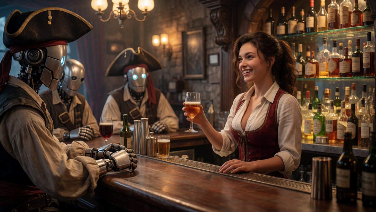 EndFolding79421's tweet photo. Krea 2 turbo and Minimax H3 in Comfyui (Upscaled in Topaz AI)....integrated_multimodal_description:

[10-second image-to-video generation]

Use the supplied image as the starting frame and preserve the established characters, tavern environment, clothing, robot designs, bar layout, and warm cinematic lighting.

STYLE / TONE:
Live-action cinematic science-fiction pirate adventure with playful Hollywood-style banter. This is a cozy local tavern in a sci-fi world where human and robot pirates casually drink together.

The conversation is playful and familiar. The robot pirate is extremely boastful, arrogant, swaggering, and proud of his reputation. He genuinely believes he is an exceptional pirate. The bartender finds his exaggerated stories amusing and enjoys teasing him.

CRITICAL ROBOT SPEECH RULE:
ALL robot faces remain mechanically rigid.
ROBOTS NEVER MOVE THEIR MOUTHS OR JAWS WHILE SPEAKING.
NO robotic lip-sync.
Robot speech comes from internal electronic speakers.
When a robot speaks, ONLY its glowing blue eyes subtly brighten, pulse, or blink in rhythm with the spoken words.

[00:00–00:04]

The human bartender stands behind the bar holding her drink and looks directly at the robot pirate across from her.

The robot pirate (S1) looks directly toward her with confident pirate swagger. He gives a small proud tilt of his head.

His metal mouth and jaw remain COMPLETELY MOTIONLESS.

His glowing blue eyes pulse subtly as he boasts in an arrogant, self-satisfied mechanical male voice:

(S1) <d>[English] He drew his blaster. I drew mine faster.</d>

[00:04–00:07]

The bartender (S2) raises an eyebrow and gives him a playful, skeptical grin. She maintains eye contact with HIM while speaking.

Because she is human, her lips move naturally and accurately with her dialogue:

(S2) <d>[English] You don't even carry a blaster.</d>

[00:07–00:10]

Cut slightly closer on the robot pirate.

Brief comedic pause.

He confidently leans back just slightly, completely unfazed by being caught exaggerating.

His mouth and jaw NEVER MOVE.

His blue eyes brighten with smug confidence as he replies:

(S1) <d>[English] Exactly. And I still won.</d>

The bartender immediately laughs and shakes her head at his ridiculous arrogance.

End on the robot sitting proudly as though his story made perfect sense.

BACKGROUND ROBOTS:
The other robot pirates remain background patrons. Their mechanical mouths and jaws remain rigid at ALL times. They may make tiny natural head movements or subtle eye-light changes, but they do not speak during this clip.

overall_soundscape:
Warm local-tavern ambience, quiet distant patron chatter, occasional glass clinks, subtle mechanical servo noises, natural bartender laughter, and clean internal-speaker robot dialogue. Robot eye lights subtly pulse during their speech.

non_diegetic_music:
N/A