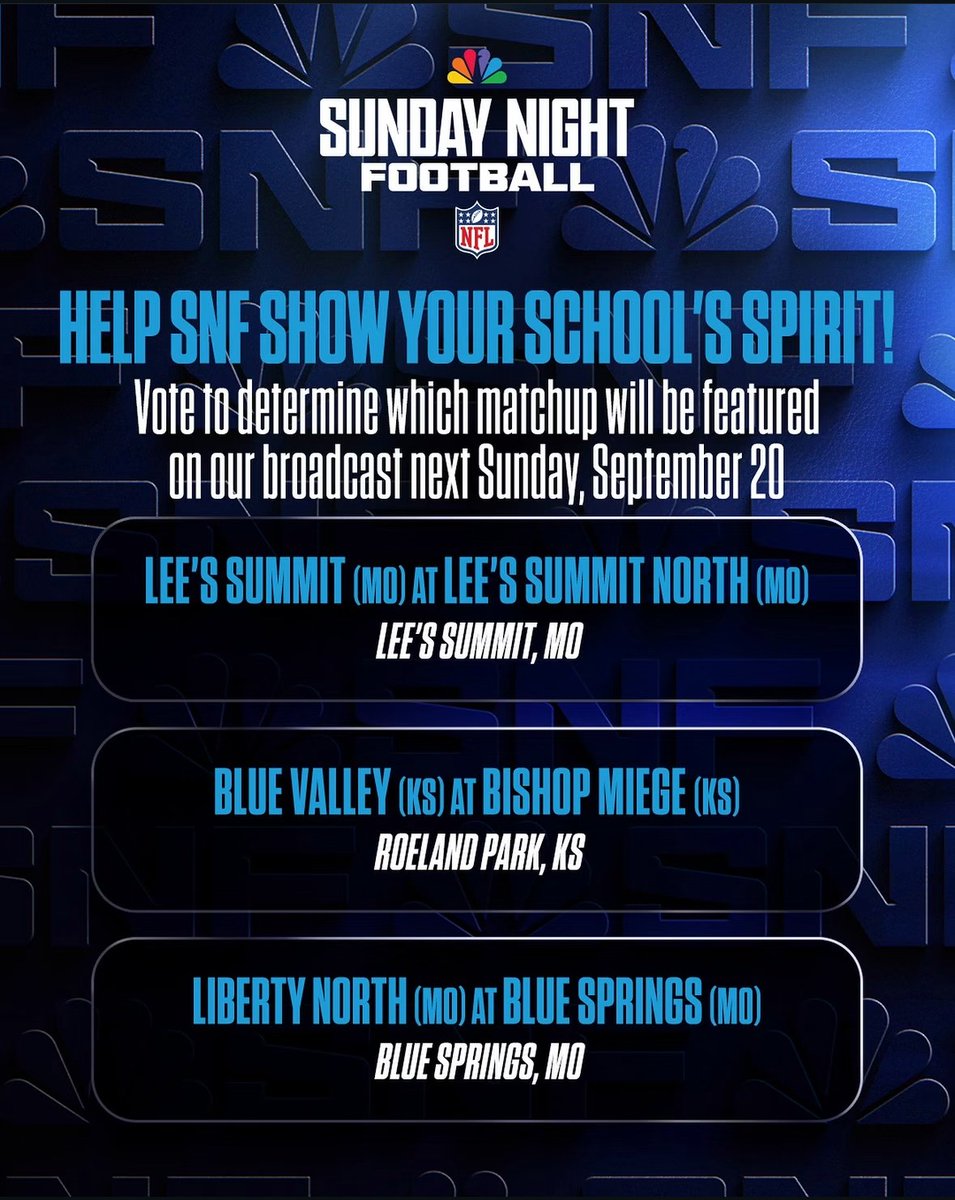 BSSDnews's tweet photo. Sunday Night Football is coming to Kansas City and the Blue Springs High School Wildcat football team could be featured on the broadcast!

The Cats play Liberty North on September 18. Show your school spirit by voting for the matchup and check out Sunday Night Football this weekend.

Your vote counts! https://t.co/ZTvuD367X0

#WeAreBSSD