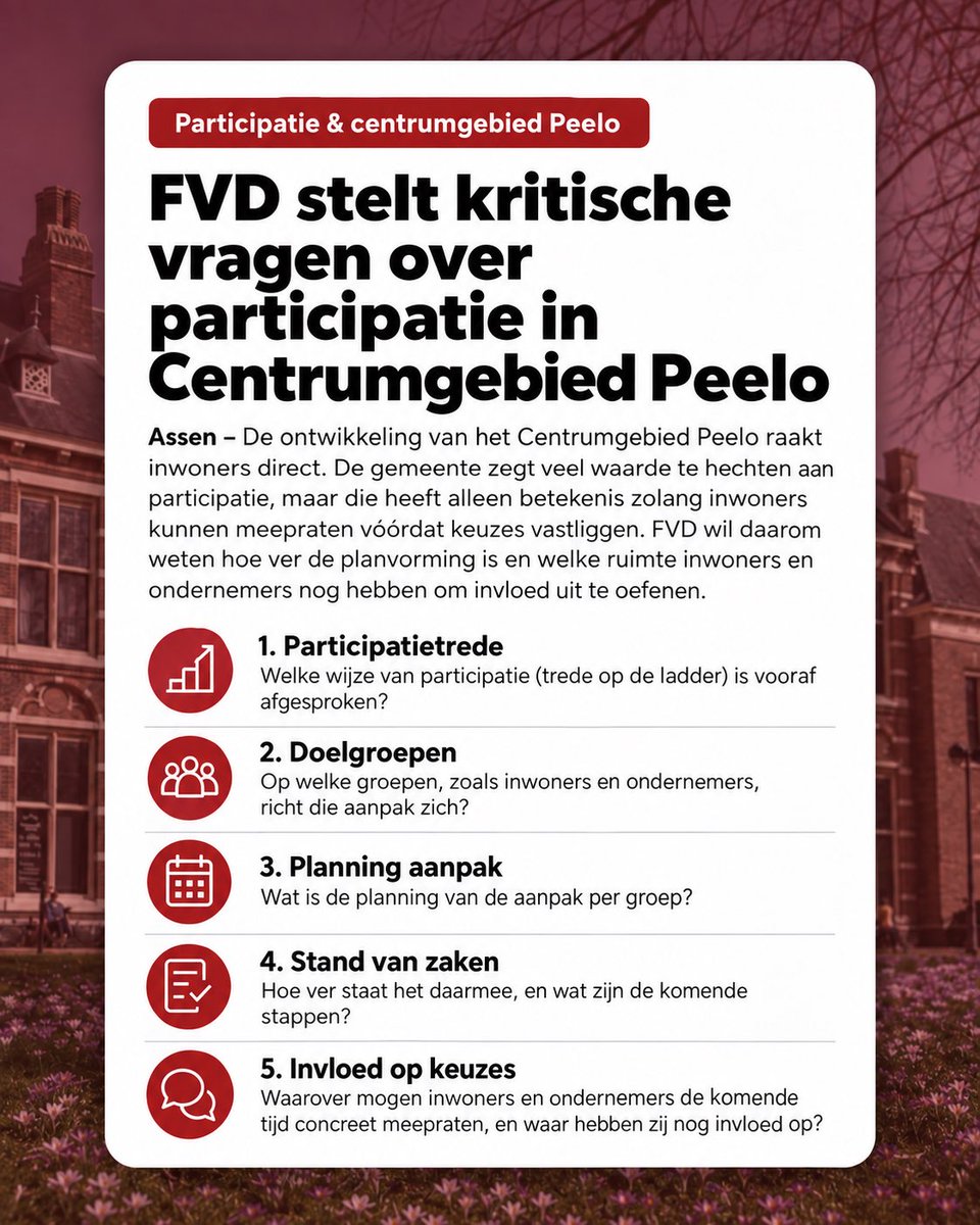 FVD_Assen's tweet photo. TECHNISCHE VRAGEN 👉🏼📝 FVD stelt technische vragen over het Centrumgebied Peelo. Hoe worden inwoners en ondernemers betrokken vóórdat keuzes vastliggen? En waarop zijn keuzes over supermarktcapaciteit, 150–200 woningen en detailhandel gebaseerd?

#FVD #FVDAssen #Assen #Peelo https://t.co/0ACJDce7np