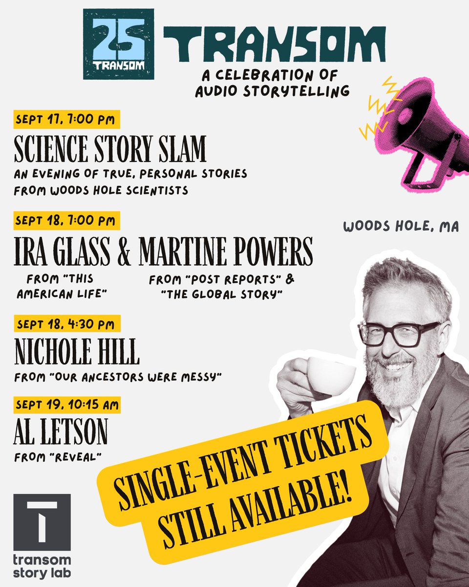 Transom_org's tweet photo. Passes to Transom 25 sold out fast — but you're in luck. A few single-event tickets are still available:

🔬 Making Waves: Science Storytelling — Thu 7pm
🎙️ Ira Glass &amp; Martine Powers — Fri 7pm
✨ Nichole Hill — Fri 4:30pm
📻 Al Letson — Sat 10:15am

🎟️ https://t.co/jhBsKCAsAH https://t.co/hp9ieXVAUQ
