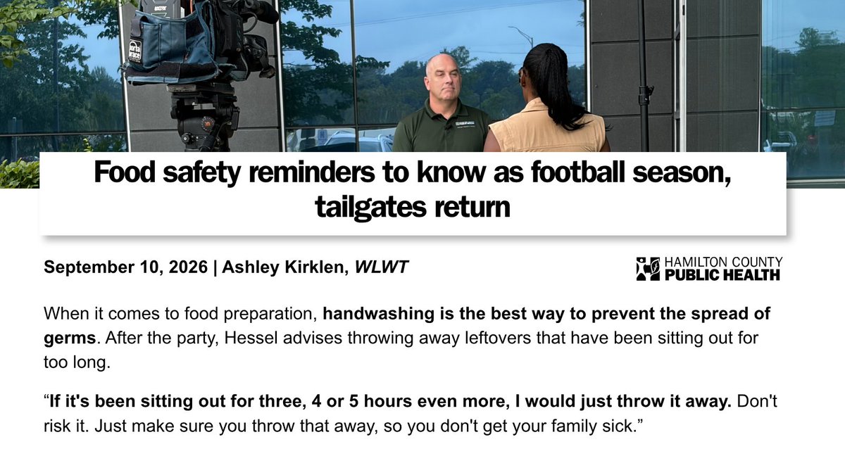 HamCoHealth's tweet photo. Football season is back, and we’re encouraging fans to keep food safety and hygiene in mind when enjoying tailgates and concession stand food.

Read or watch the @WLWT segment here: https://t.co/QRBxceDN3O https://t.co/V565TEH8oI