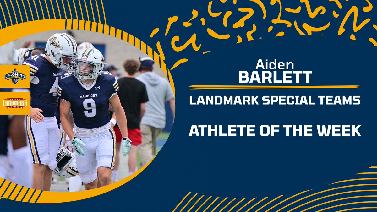 WarriorsFBall's tweet photo. @_abarlett1_ tied the @landmark_conf record with a 94-yard kickoff return for a touchdown, finishing with a 164 return yards and an onside kick recovery, helping him earn @warriorsfball's first Athlete of the Week award of the season! https://t.co/xq2KSnavJ2