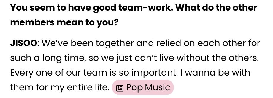 yk2aii's tweet photo. “Even if we’re 70 and we have different lives, I’ll still feel like I’m Blackpink. As corny as it sounds, I don’t think Blackpink will ever end in my heart. It’s a part of my family. You can’t deny your family.” – Jennie

"Even if I'm 50 years old, I still want to be part of BLACKPINK.” – Lisa

“I think about it. But I don’t think it will be over. Blackpink is family forever. I grew up with them. They’re a part of me. I don’t think it’ll ever end. It’s dumb of me to ever worry about that or think about it,” - Rosé

We’ve been together and relied on each other for such a long time, so we just can’t live without the others. Every one of our team is so important. I wanna be with them for my entire life.” - Jisoo
